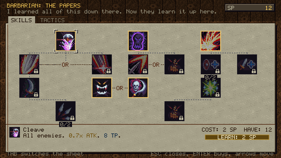 The barbarian's skill sheet, a tree of fifteen icons with locked nodes and branches marked OR, and Cleave costing 2 of the 12 skill points held.