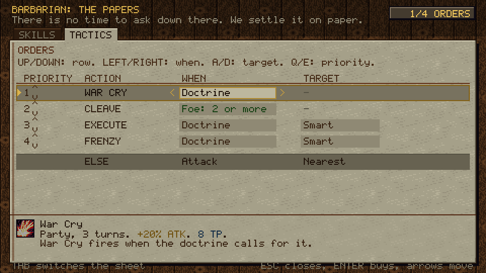 The barbarian's order list: War Cry, Cleave, Execute and Frenzy in priority order, each with a condition and a target, over a fallback line reading Attack, Nearest.