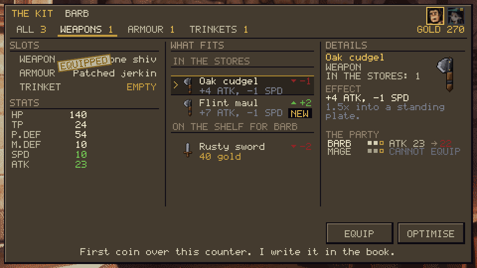 The kit screen for the barbarian: three slots, his stats, the weapons that fit him with their plus and minus, and an Oak cudgel reading plus 4 attack and minus 1 speed.