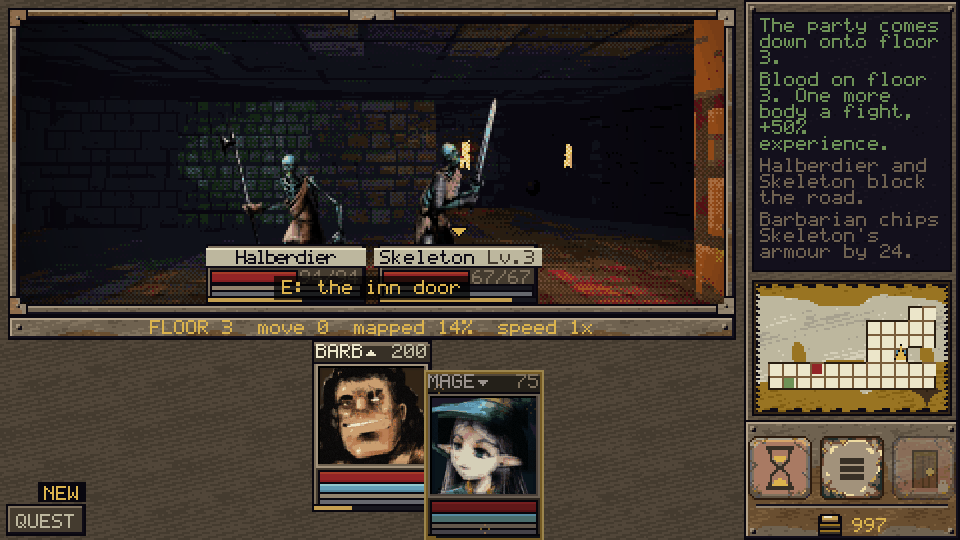 Floor 3 of the dig, a halberdier and a skeleton blocking a lit corridor with their health bars under them, the party's cards below and the fight's log on the right.
