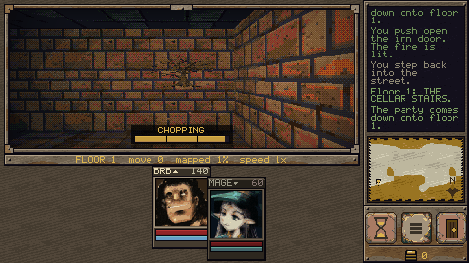 The party chopping a tree in a lit corridor on floor 1, with a bar reading CHOPPING filling under three strikes.