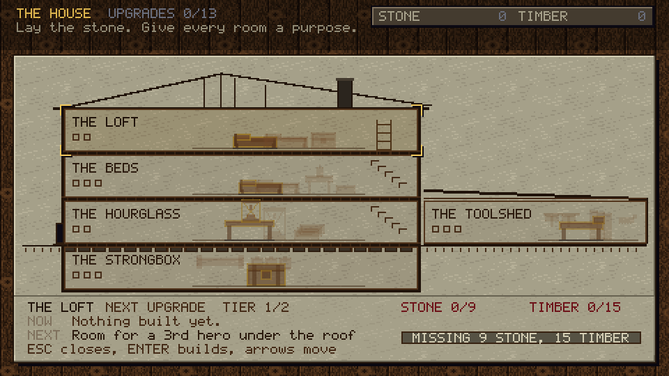 The house drawn as a section, the loft over the beds over the hourglass over the strongbox with the toolshed in the yard, and nothing built yet.
