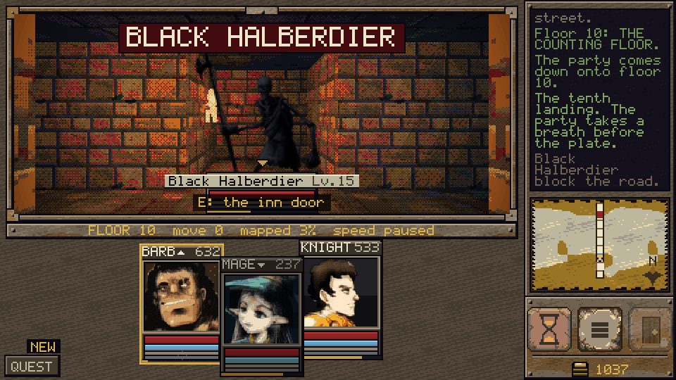 A Black Halberdier at level 15 named in a red banner across a lit corridor, with the party's three cards below it at 632, 237 and 533 health.