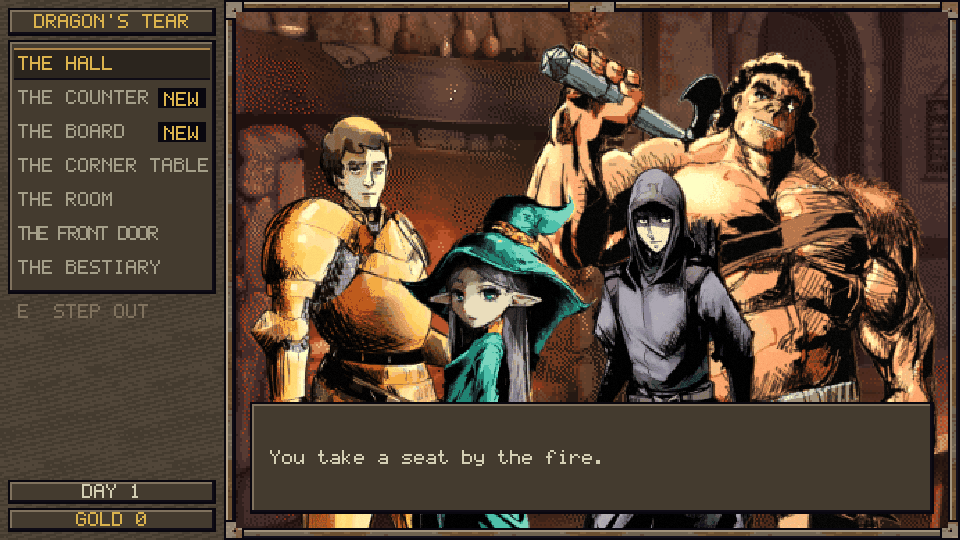 Four heroes standing by the fire in the inn's hall, a knight in gold plate, a mage in a green hat, a hooded ranger and a barbarian with an axe over his shoulder.