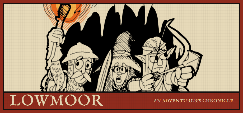 Three adventurers drawn as a woodcut, a torch-bearer, a wizard behind an upright sword and an archer, under the black teeth of a cave mouth, above a red band reading Lowmoor, An Adventurer's Chronicle.